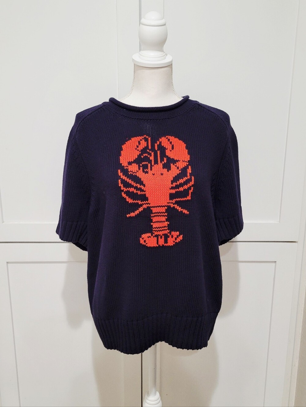 Navy Crewneck Sweater with Red Lobster Motif